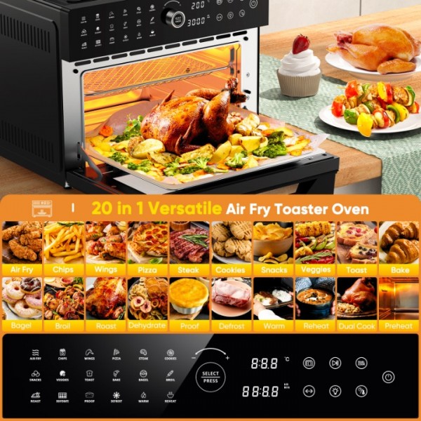 Minibackofen 30L, 20 Programme Minibackofen mit Umluft,4 Fach Fritteuse Umkehrbar, 1800W Airfryer Smart &Timer-Funktion, Heißluft-Backofen mit LED-Display, Gesundes, Fettarmes Frittieren mit Rezepheft